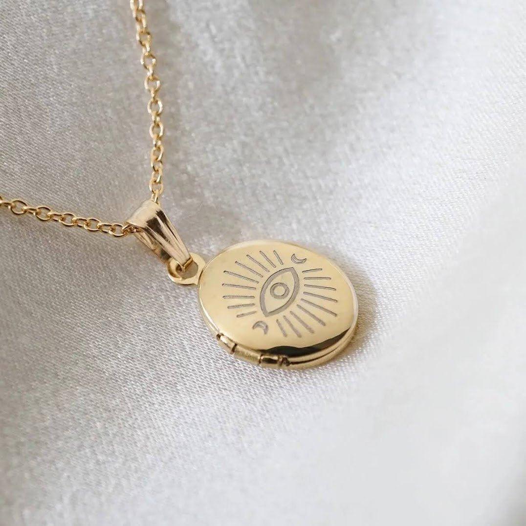 Evil Eye Memory Locket Necklace – Keepsake Jewellery - Gold & White Gold